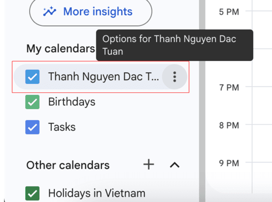 Hover your calendar under My calendars and open the three-dot menu