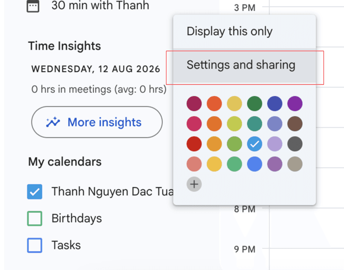 Choose Settings and sharing from the calendar menu