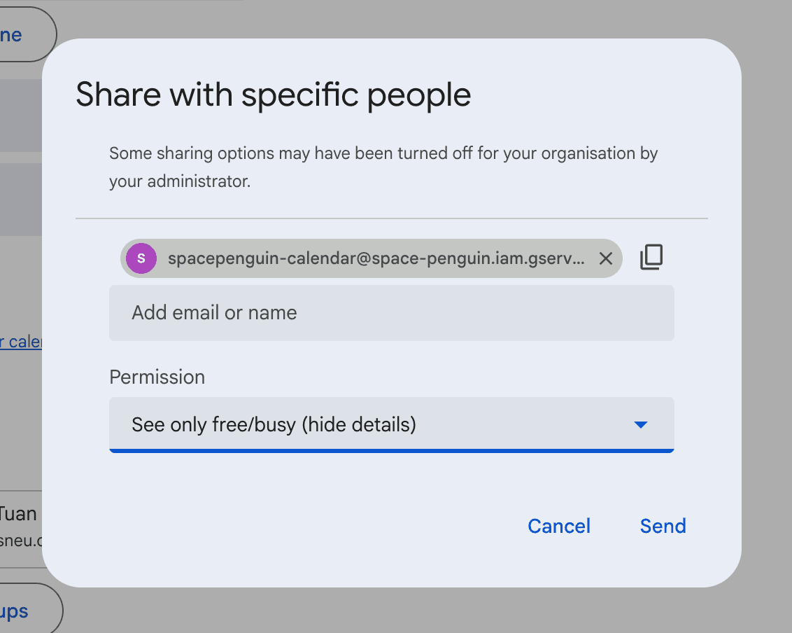 Add the sharing address with See only free/busy and click Send
